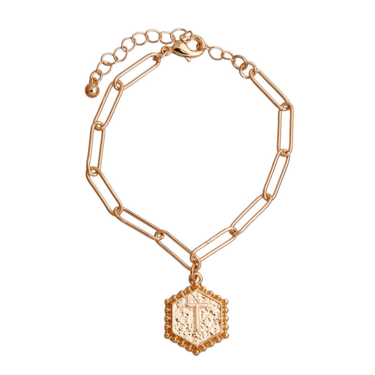 T Hexagon Initial Charm Bracelet