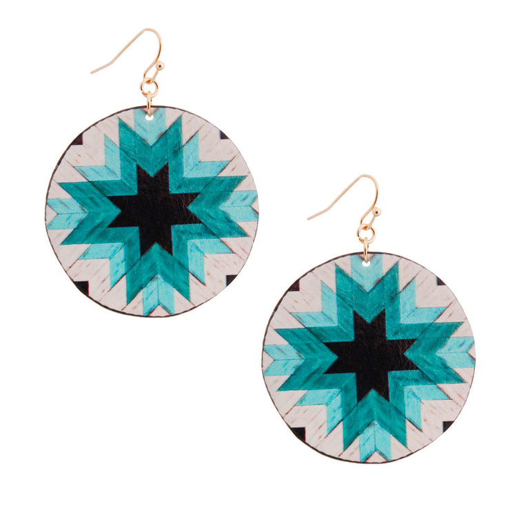 Turquoise Sunburst Leather Round Earrings