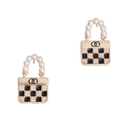 Cream Handle Checker Handbag Earrings