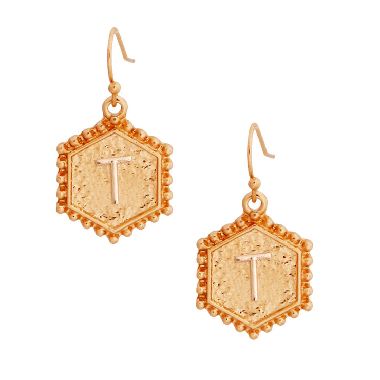 T Hexagon Initial Earrings