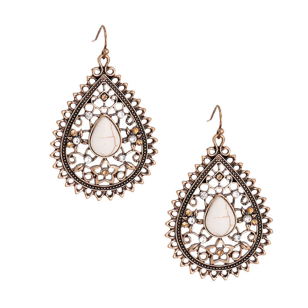 Burnished Filigree Cracked Stone Earrings