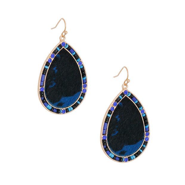 Blue Genuine Leather Bead Earrings