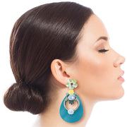 Aqua Flower Teardrop Earrings - Pearl & Bead