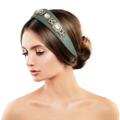 Green Vegan Leather Crystal Headband