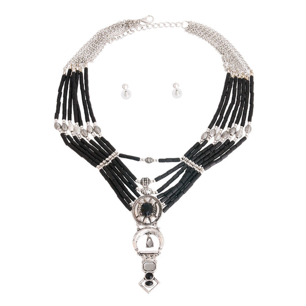 Layered Black Bead Silver Necklace