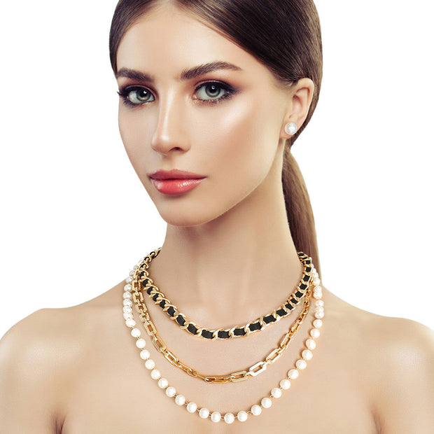 3 Layer Gold Chain and Pearl Necklace