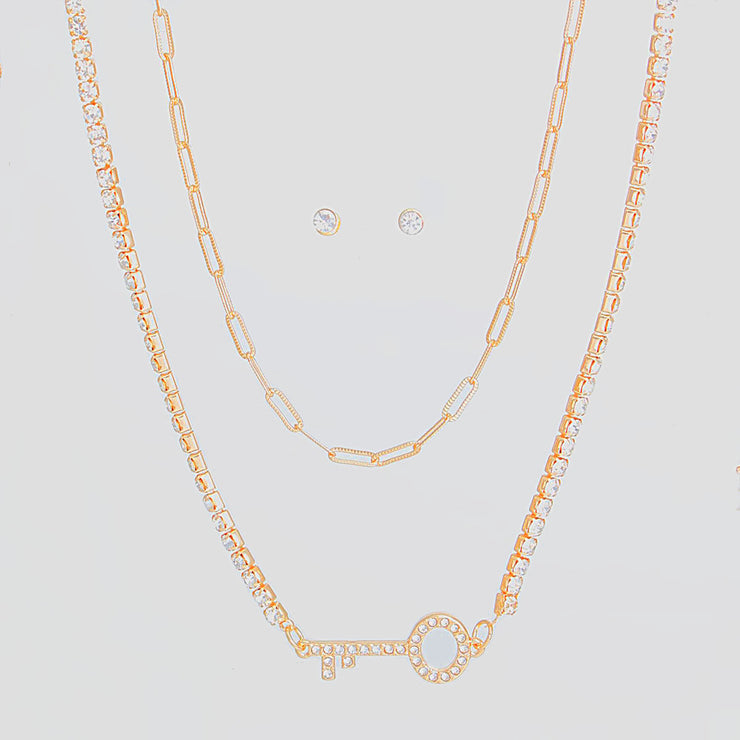 Gold 2 Layer Key Necklace Set