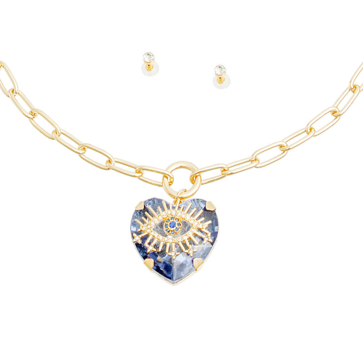 Blue Crystal Heart Evil Eye Necklace