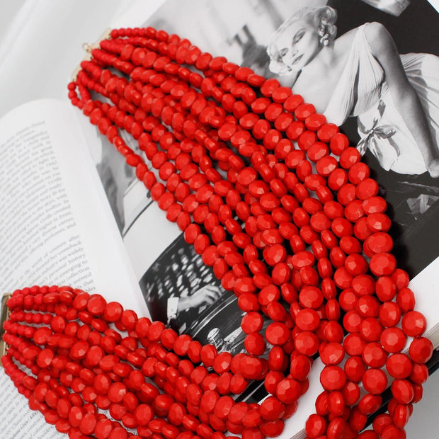 Necklace 11 Strand Red Flat round Bead Set Women