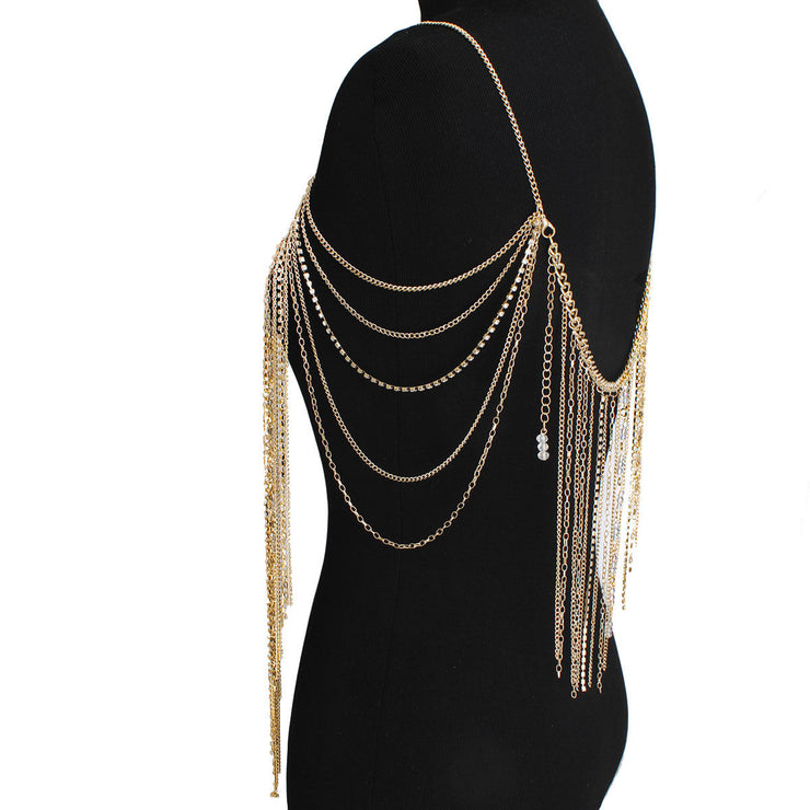 Gold Clear and White Bead One Shoulder Body Chain