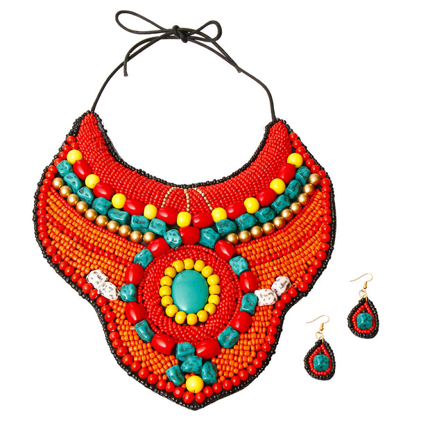 Red Bead Collar Bib Necklace